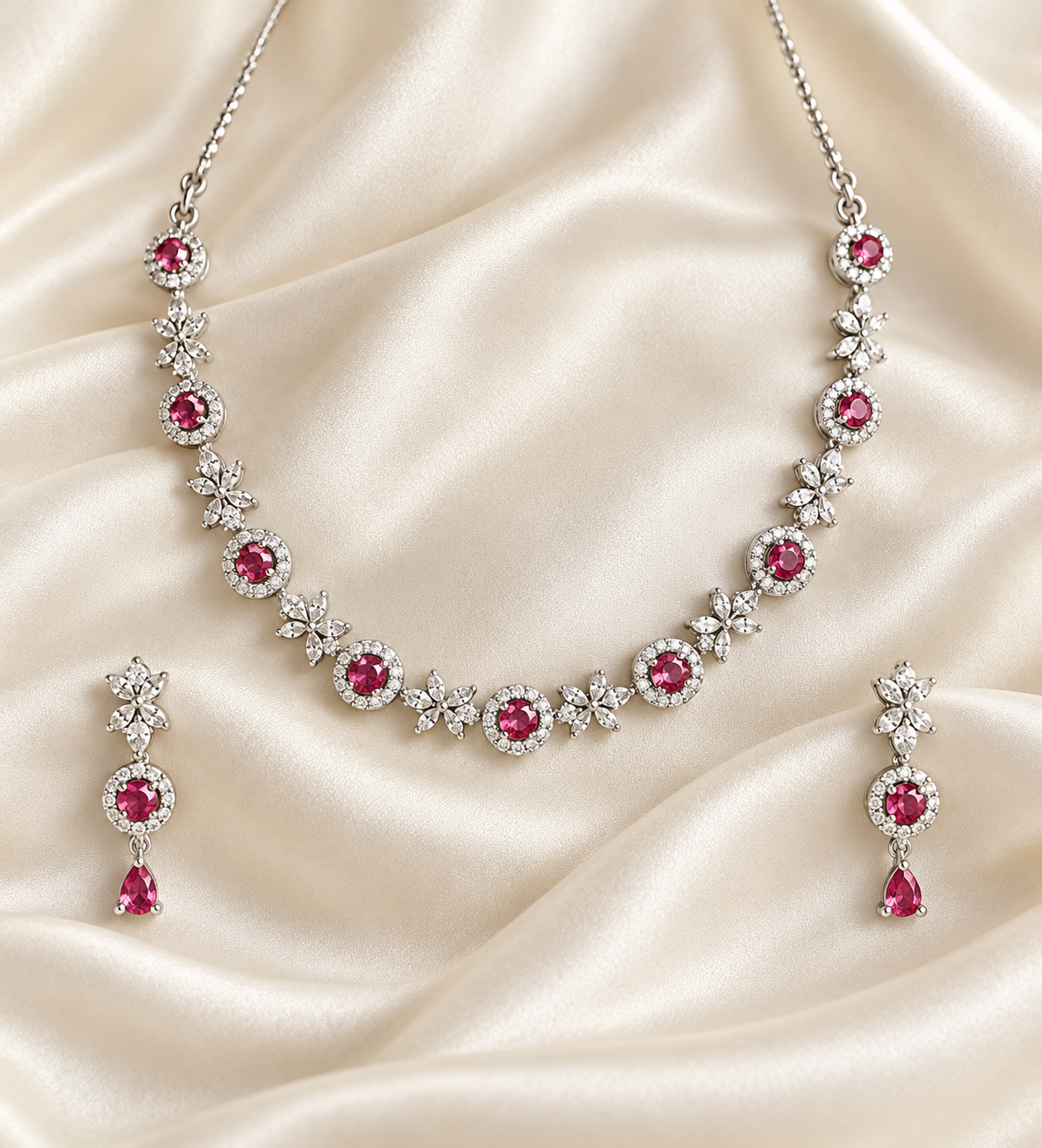 American Diamond-Style Pink Round Station Necklace Set — AI-styled studio view; illustrative scale, compare original photograph