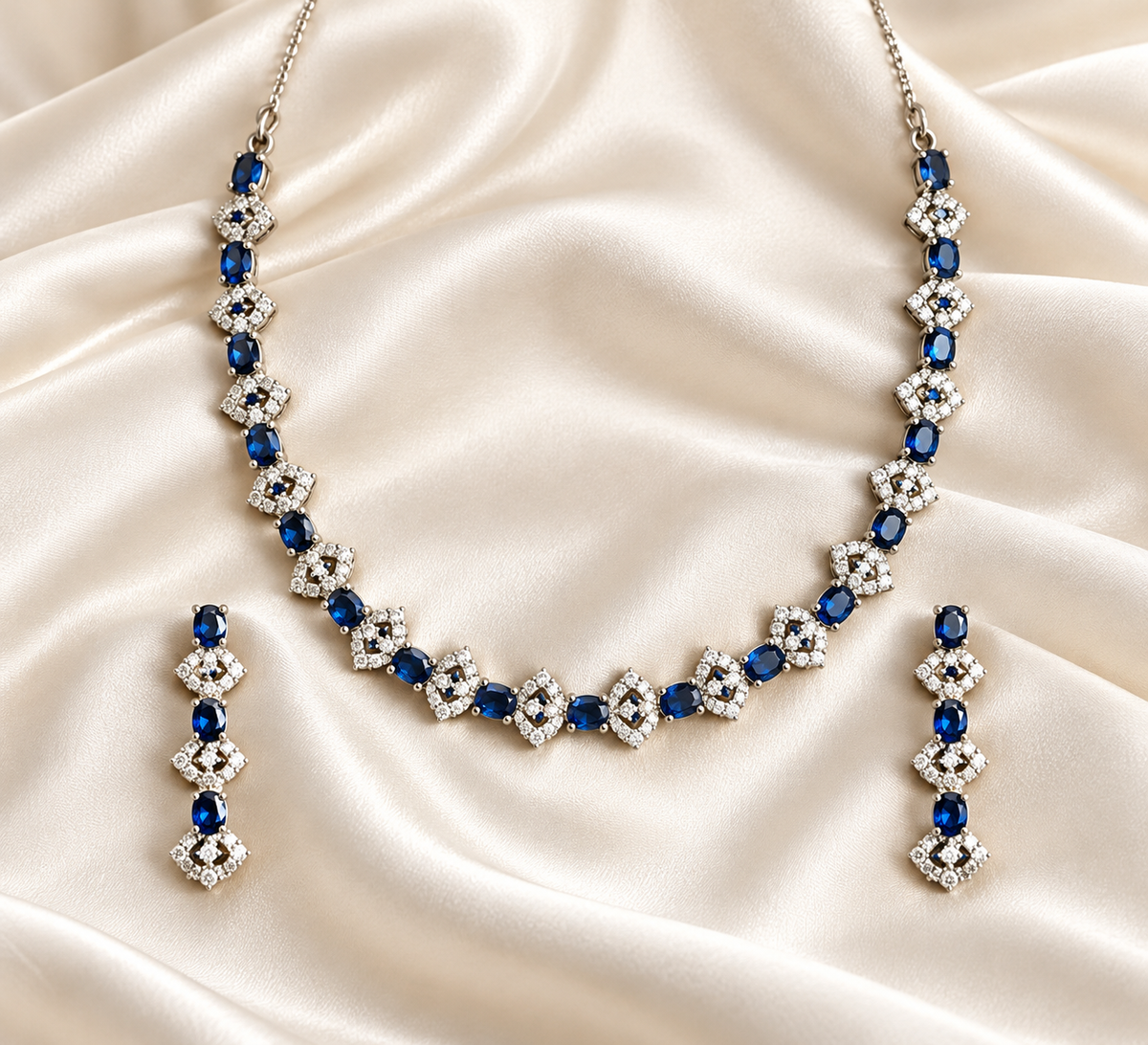 American Diamond-Style Navy Square Link Necklace Set — AI-styled studio view; illustrative scale, compare original photograph