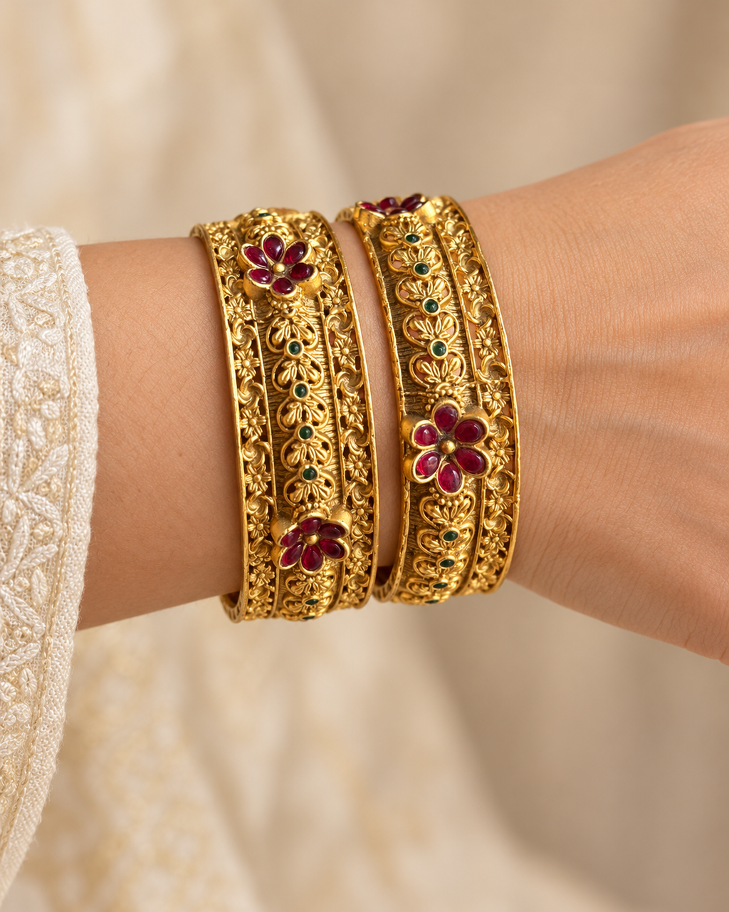 Kundan Flower Vine Red Accent Bangle Set — AI-styled wearing view; illustrative scale, compare original photograph