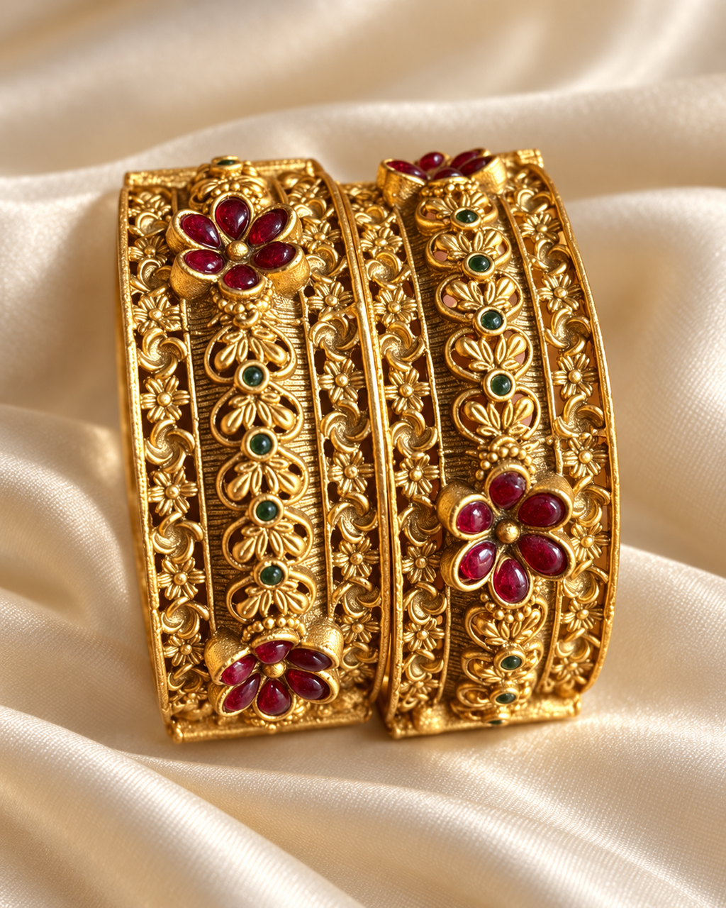 Kundan Flower Vine Red Accent Bangle Set — AI-styled studio view; illustrative scale, compare original photograph