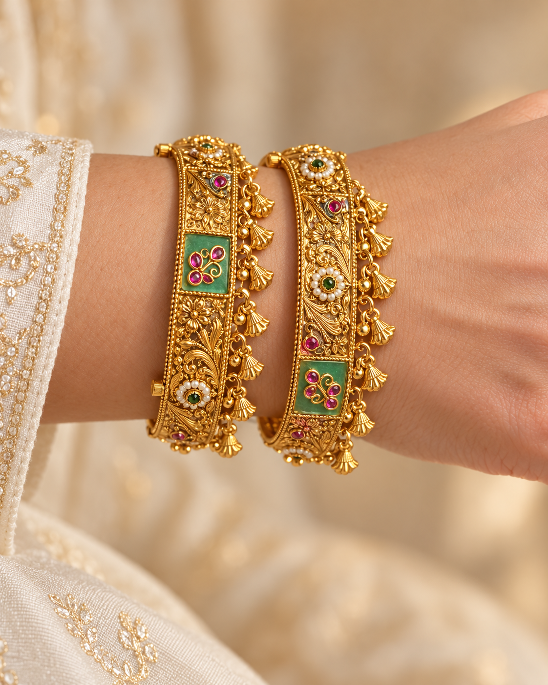 Kundan Green Panel Tassel Bangle Set — AI-styled wearing view; illustrative scale, compare original photograph