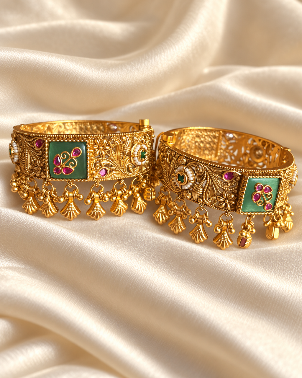 Kundan Green Panel Tassel Bangle Set — AI-styled studio view; illustrative scale, compare original photograph