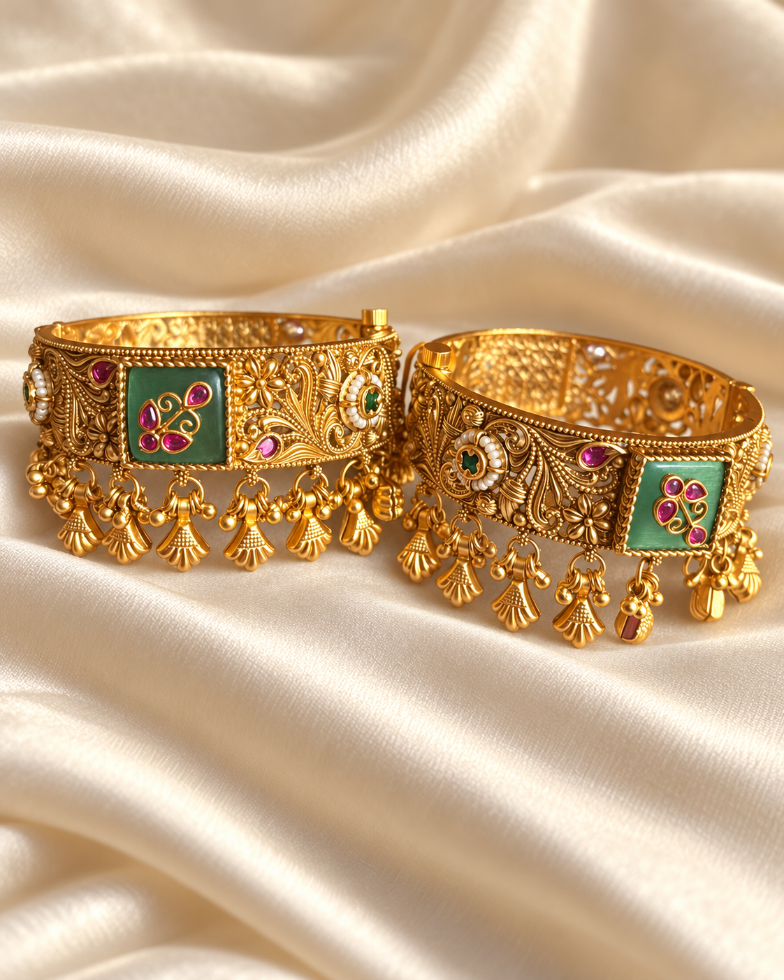 Kundan Green Panel Tassel Bangle Set — AI-styled studio view; illustrative scale, compare original photograph