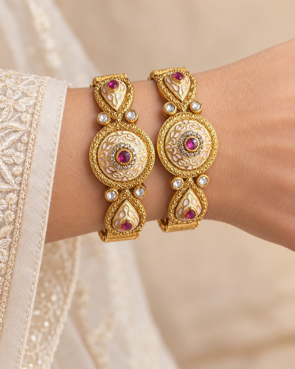 Kundan Round Floral Pink Accent Bangle Set — AI-styled wearing view; illustrative scale, compare original photograph