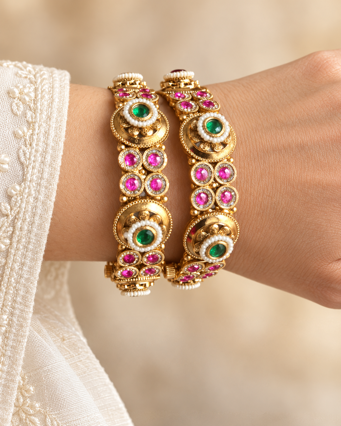 Kundan Green & Pink Medallion Bangle Set — AI-styled wearing view; illustrative scale, compare original photograph