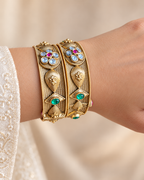 Kundan Two-Tone Leaf Medallion Bangle Set — AI-styled wearing view; illustrative scale, compare original photograph