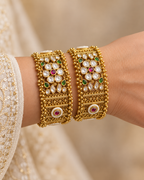 Kundan Wide Kundan Floral Bangle Set — AI-styled wearing view; illustrative scale, compare original photograph