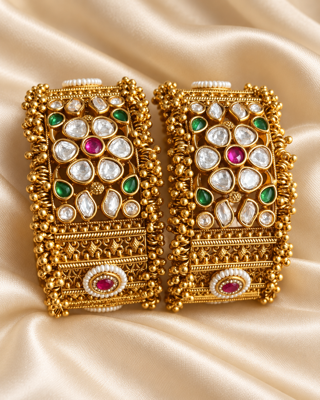 Kundan Wide Kundan Floral Bangle Set — AI-styled studio view; illustrative scale, compare original photograph