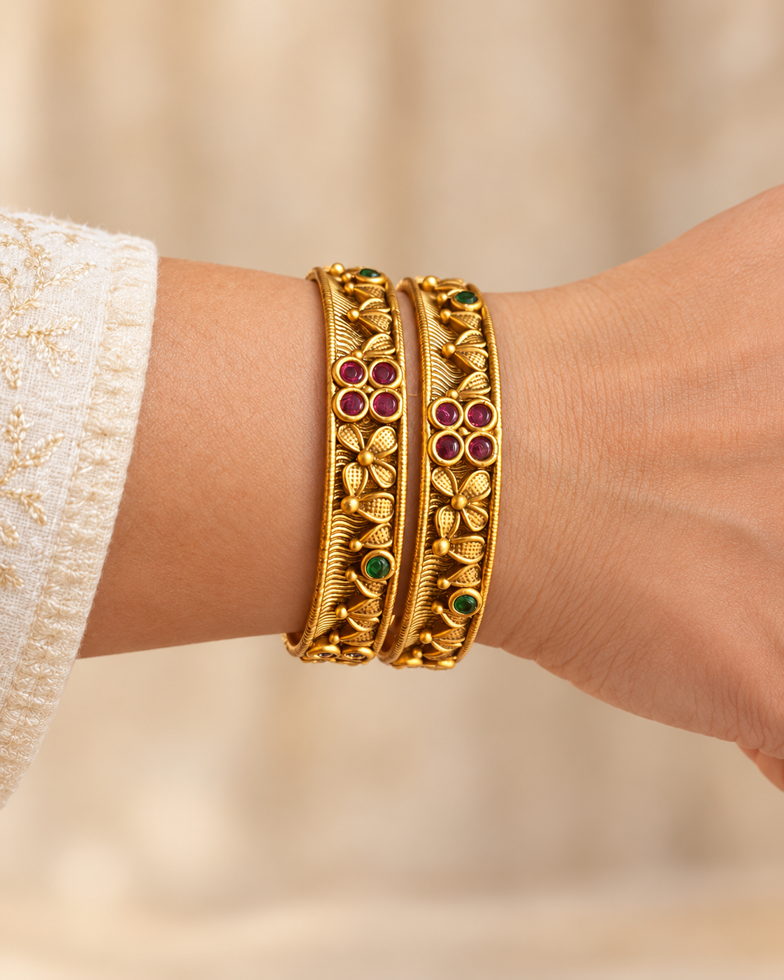 Kundan Narrow Floral Pink Accent Bangle Set — AI-styled wearing view; illustrative scale, compare original photograph