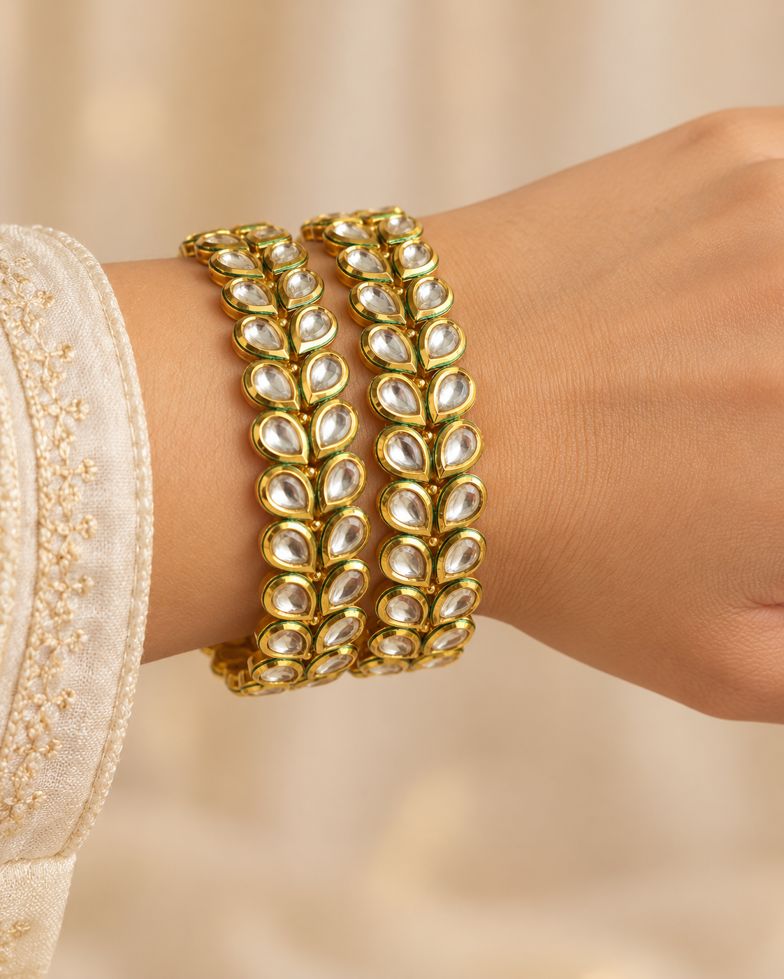 Kundan Oval Kundan Vine Bangle Set — AI-styled wearing view; illustrative scale, compare original photograph
