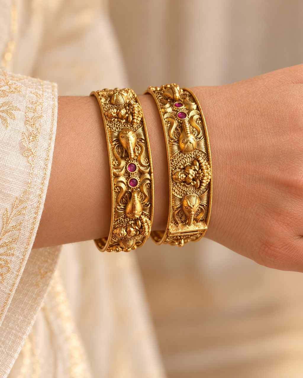 Kundan Temple Motif Pink Accent Bangle Set — AI-styled wearing view; illustrative scale, compare original photograph