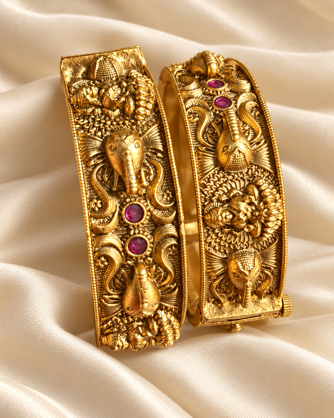Kundan Temple Motif Pink Accent Bangle Set — AI-styled studio view; illustrative scale, compare original photograph