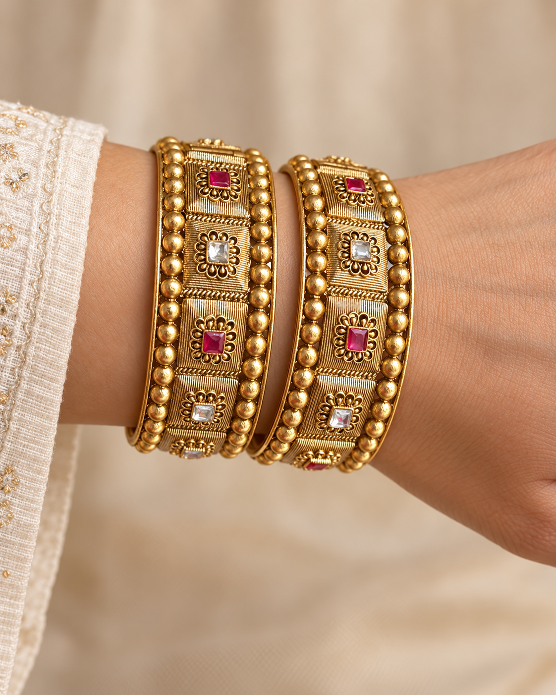 Kundan Square Floral Beaded Bangle Set — AI-styled wearing view; illustrative scale, compare original photograph