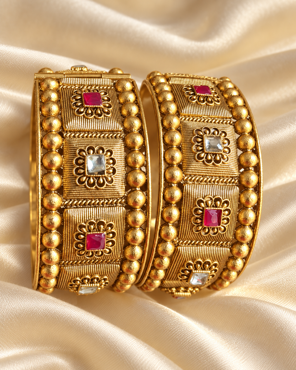 Kundan Square Floral Beaded Bangle Set — AI-styled studio view; illustrative scale, compare original photograph
