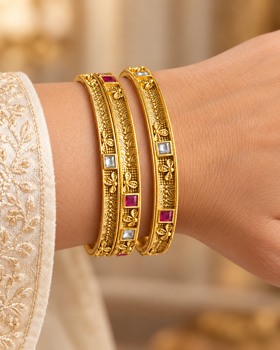 Kundan Double Square Vine Bangle Set — AI-styled wearing view; illustrative scale, compare original photograph