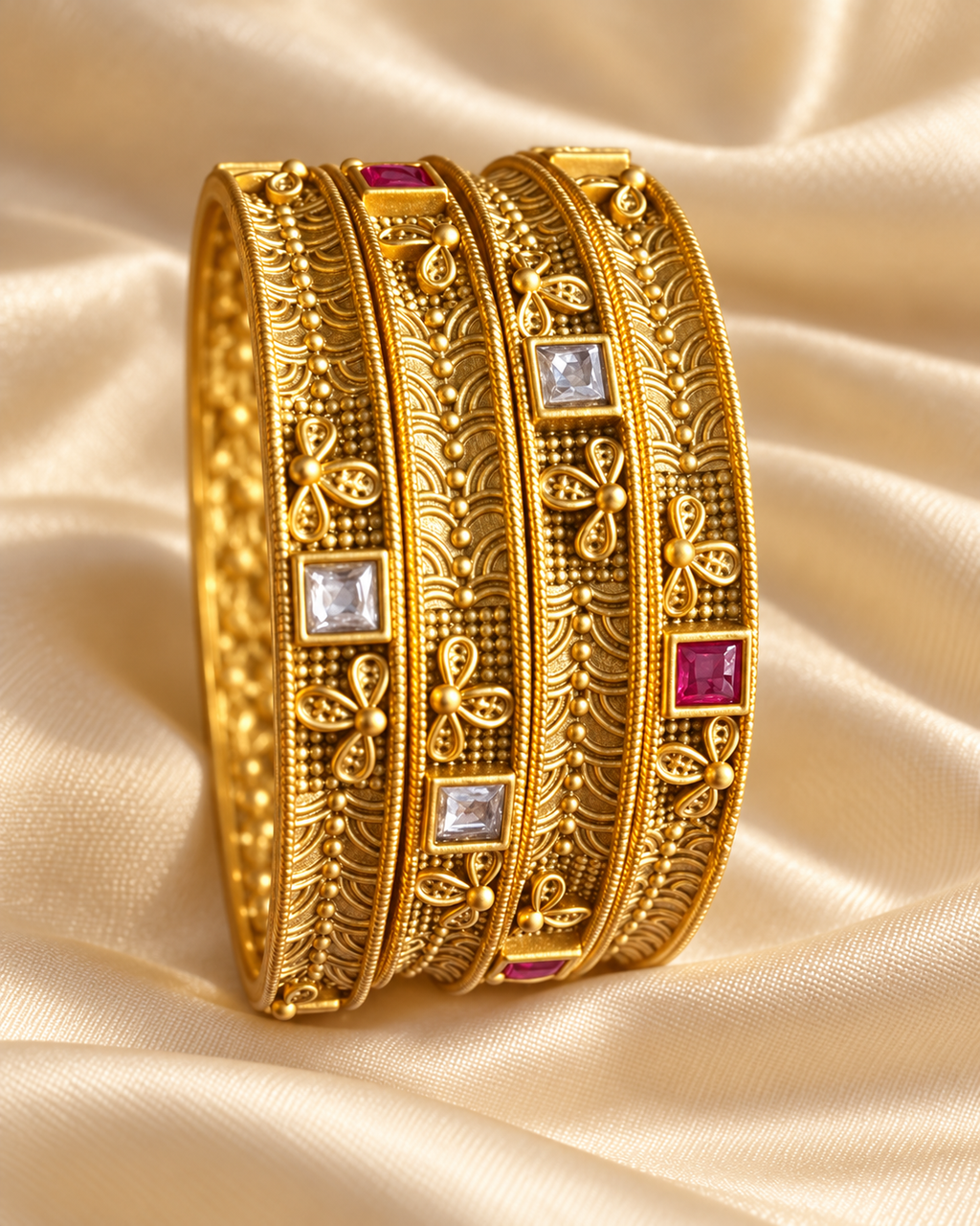 Kundan Double Square Vine Bangle Set — AI-styled studio view; illustrative scale, compare original photograph