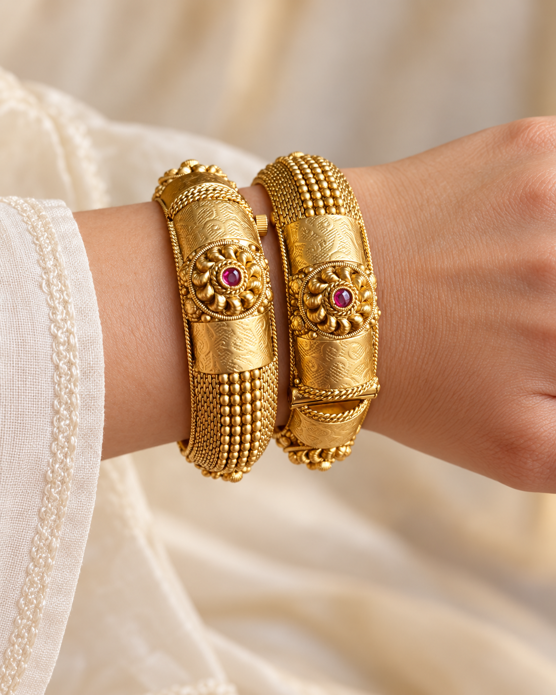 Kundan Central Floral Cuff Bangle Set — AI-styled wearing view; illustrative scale, compare original photograph