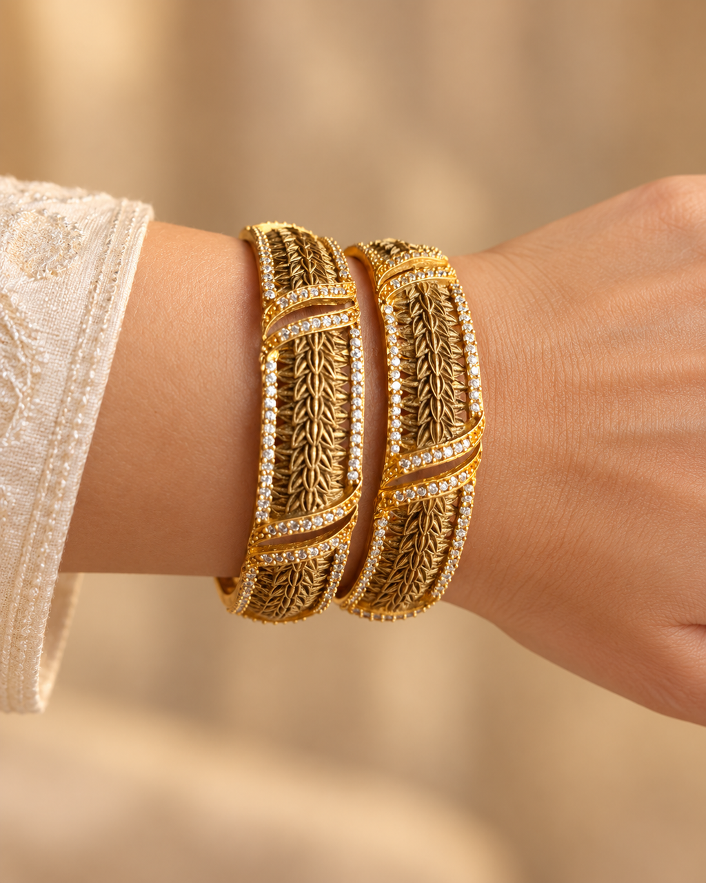 Kundan Fine Lattice Bar Bangle Set — AI-styled wearing view; illustrative scale, compare original photograph