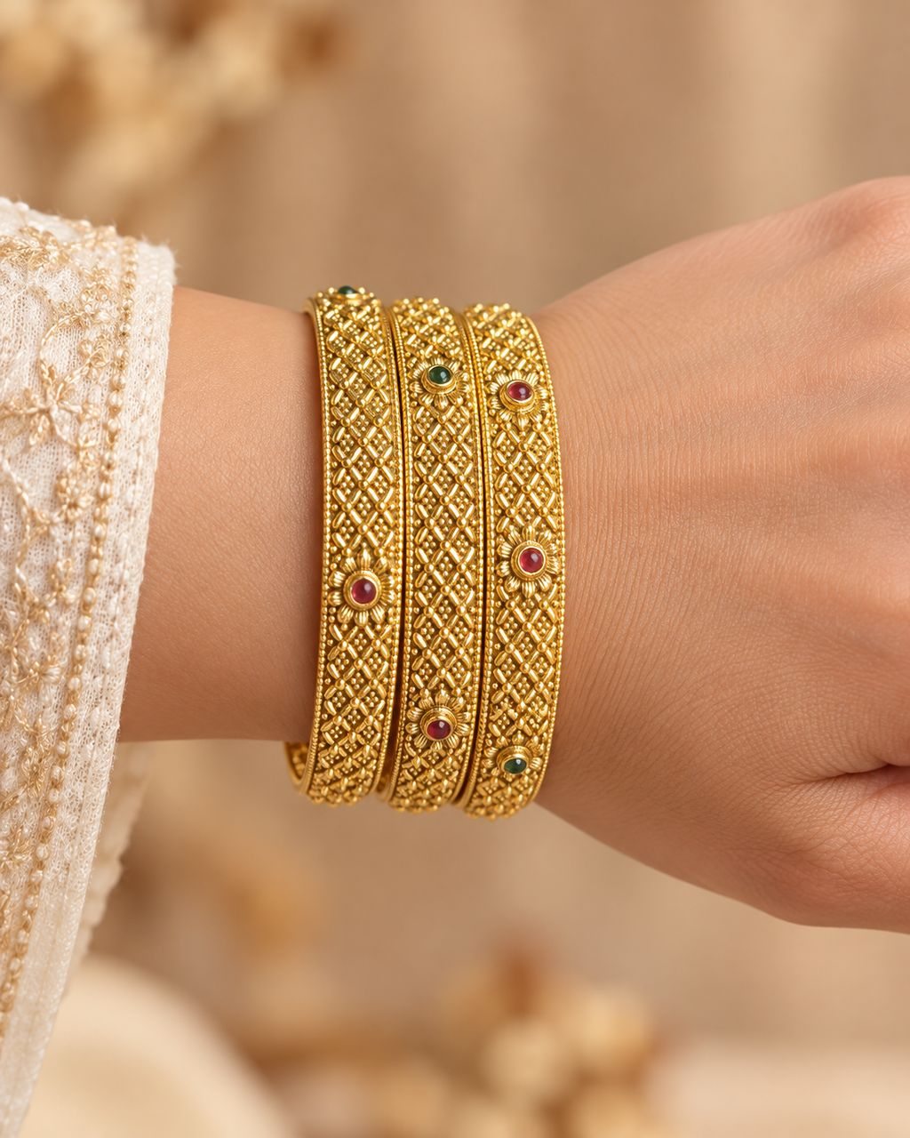 Kundan Textured Lattice Multicolour Bangle Set — AI-styled wearing view; illustrative scale, compare original photograph