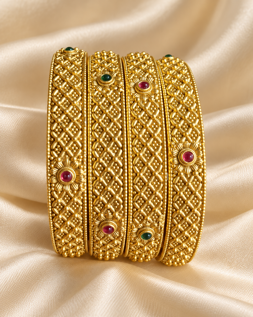 Kundan Textured Lattice Multicolour Bangle Set — AI-styled studio view; illustrative scale, compare original photograph