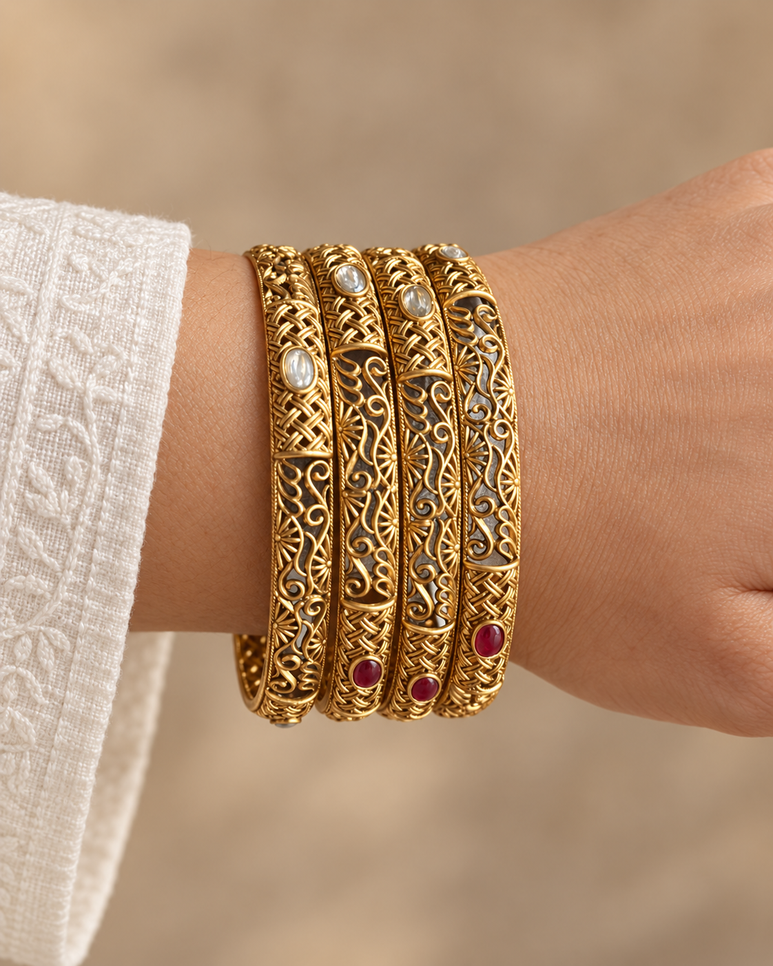 Kundan Slim Vine Stone Bangle Set — AI-styled wearing view; illustrative scale, compare original photograph