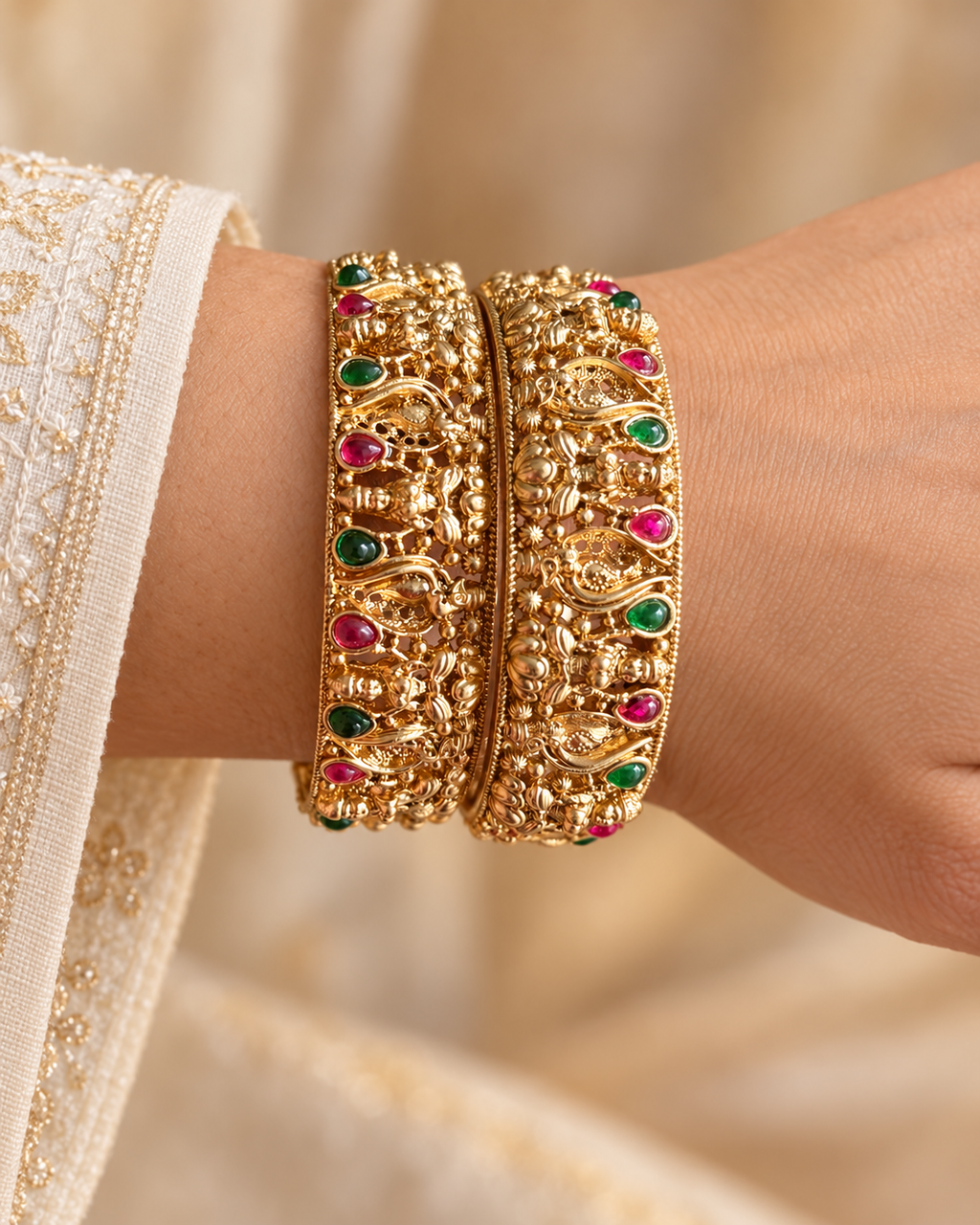 Kundan Scrollwork Multicolour Bangle Set — AI-styled wearing view; illustrative scale, compare original photograph