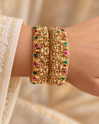 Kundan Scrollwork Multicolour Bangle Set — AI-styled wearing view; illustrative scale, compare original photograph