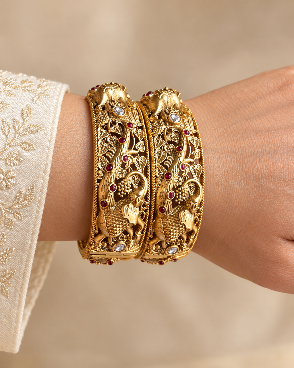 Kundan Peacock Vine Red Accent Bangle Set — AI-styled wearing view; illustrative scale, compare original photograph