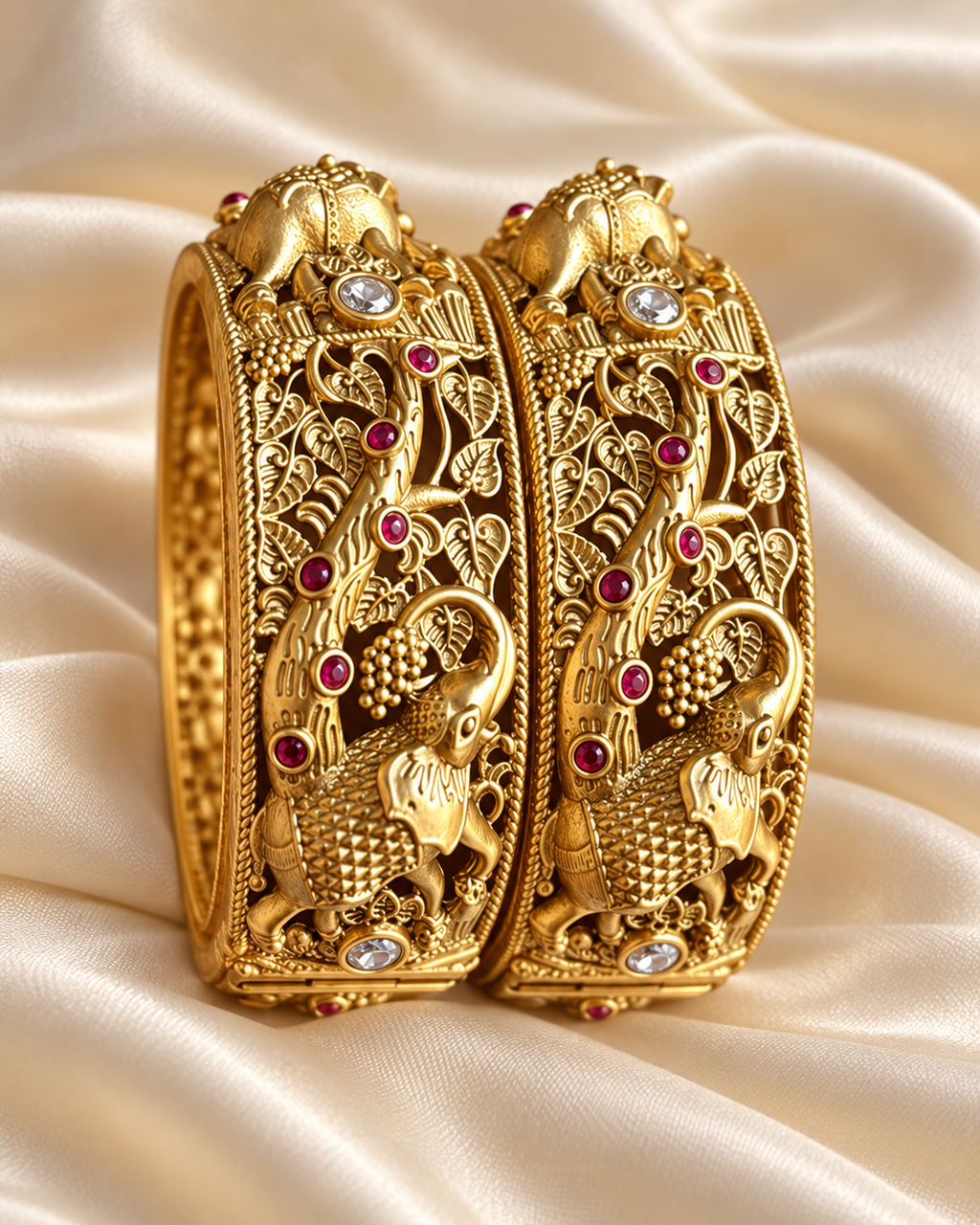 Kundan Peacock Vine Red Accent Bangle Set — AI-styled studio view; illustrative scale, compare original photograph