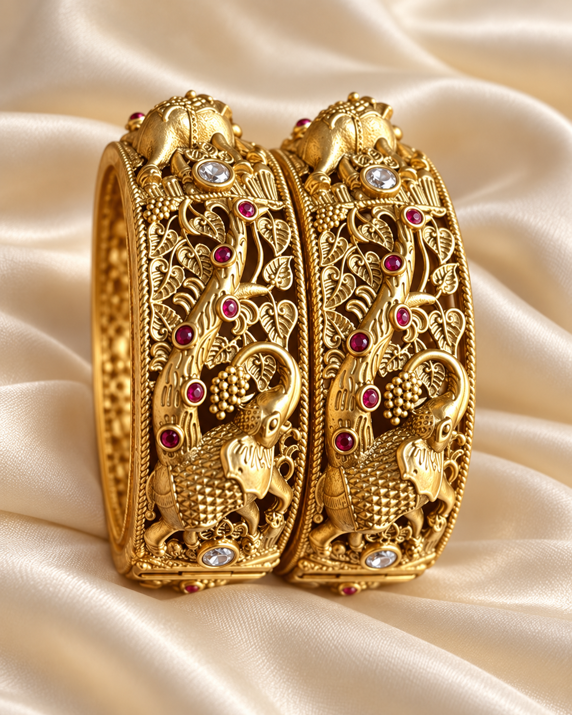 Kundan Peacock Vine Red Accent Bangle Set — AI-styled studio view; illustrative scale, compare original photograph