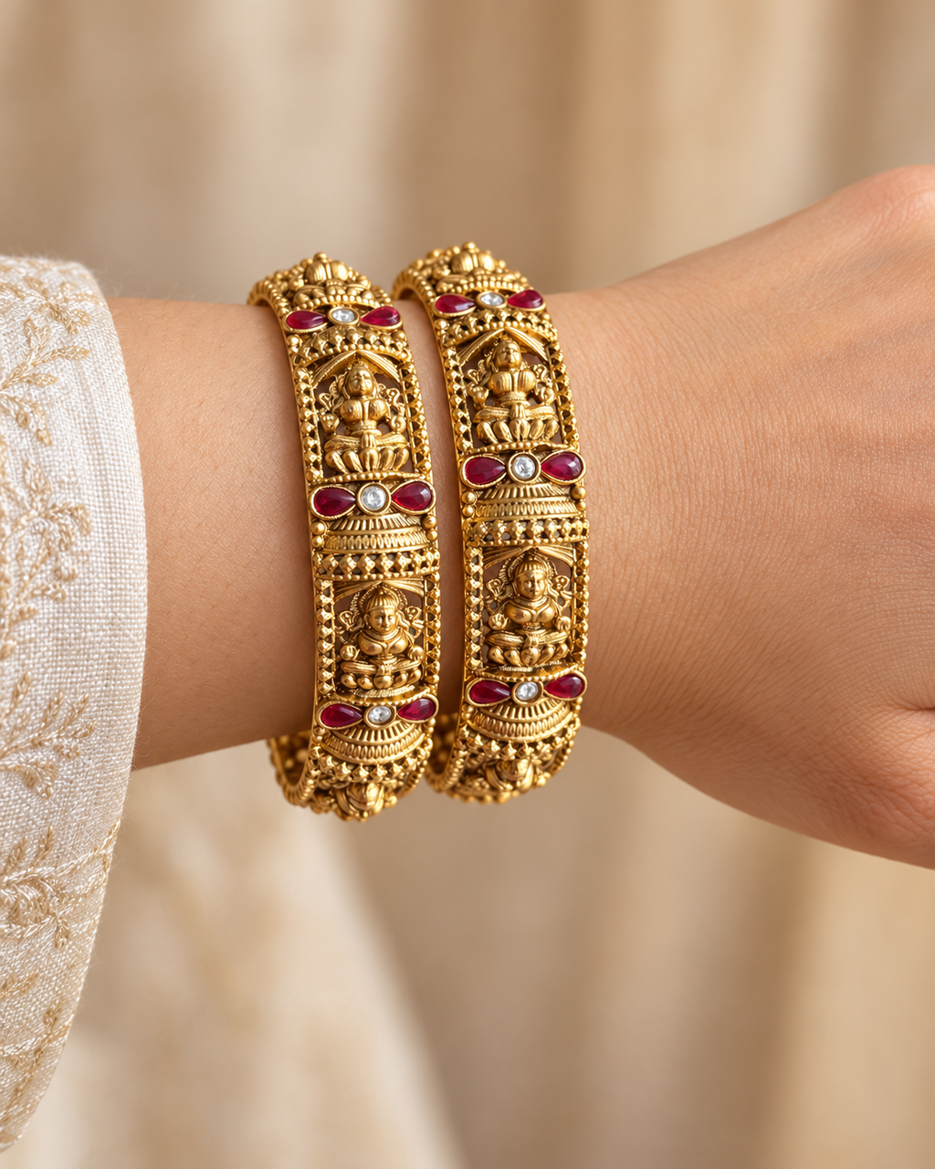 Kundan Temple Figure Red Accent Bangle Set — AI-styled wearing view; illustrative scale, compare original photograph