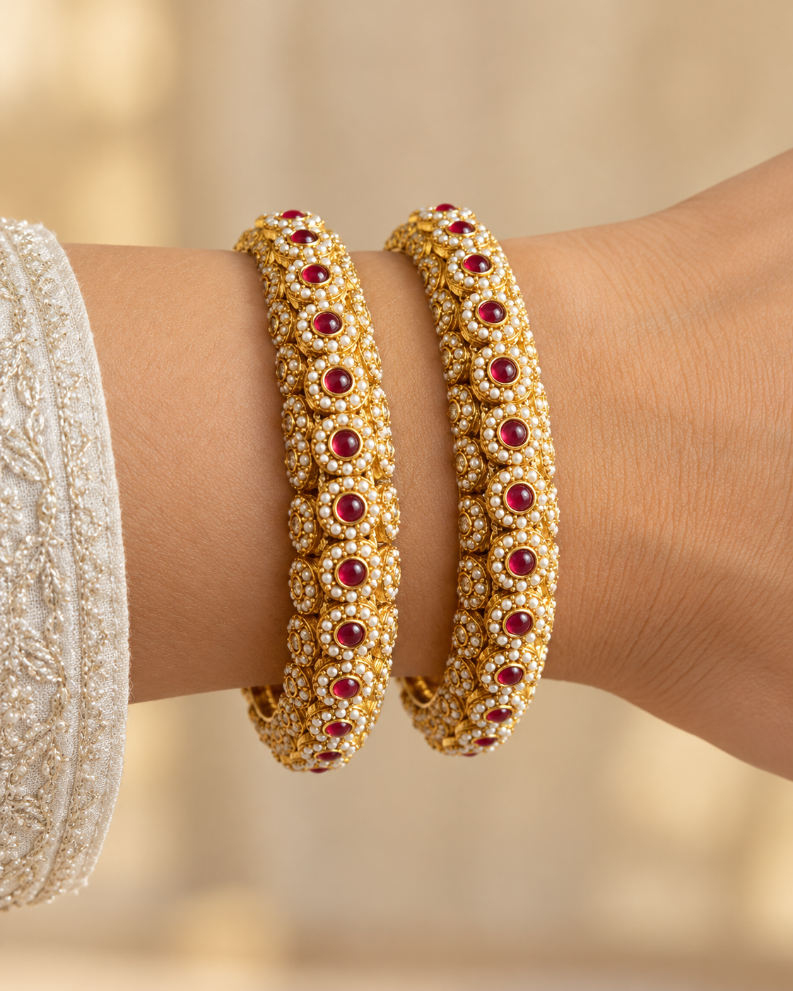Kundan Round Pink Floral Bangle Set — AI-styled wearing view; illustrative scale, compare original photograph