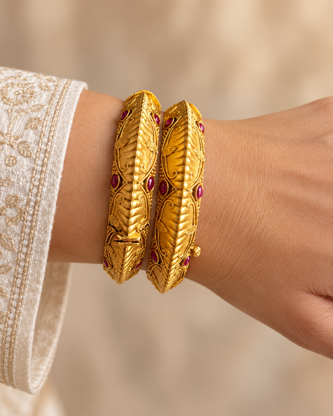Kundan Sculpted Leaf Red Accent Bangle Set — AI-styled wearing view; illustrative scale, compare original photograph