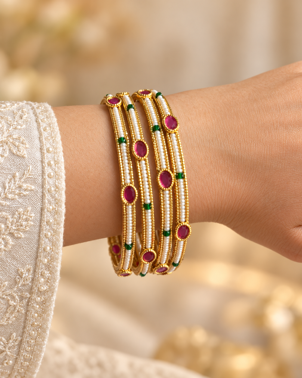 Kundan Fine Bead Pink Oval Bangle Set — AI-styled wearing view; illustrative scale, compare original photograph