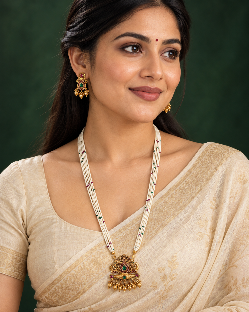 Heritage White Bead Sculpted Drop Necklace Set — AI-styled wearing view; illustrative scale, compare original photograph