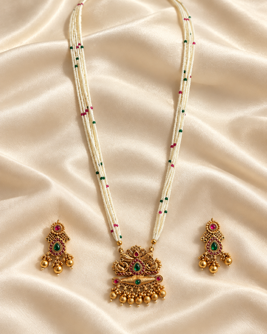 Heritage White Bead Sculpted Drop Necklace Set — AI-styled studio view; illustrative scale, compare original photograph