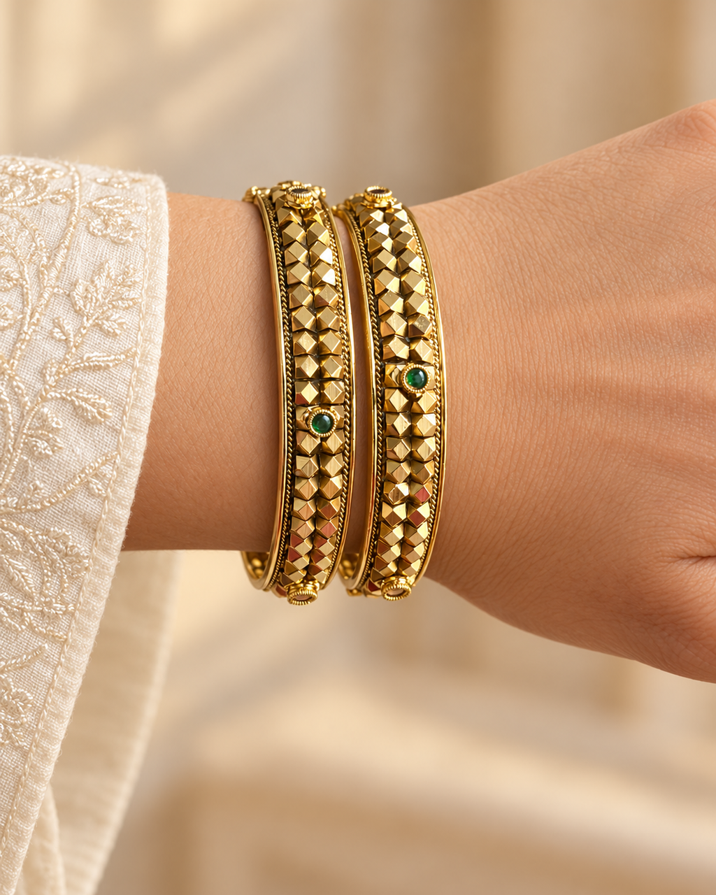 Kundan Diamond Pattern Multicolour Bangle Set — AI-styled wearing view; illustrative scale, compare original photograph