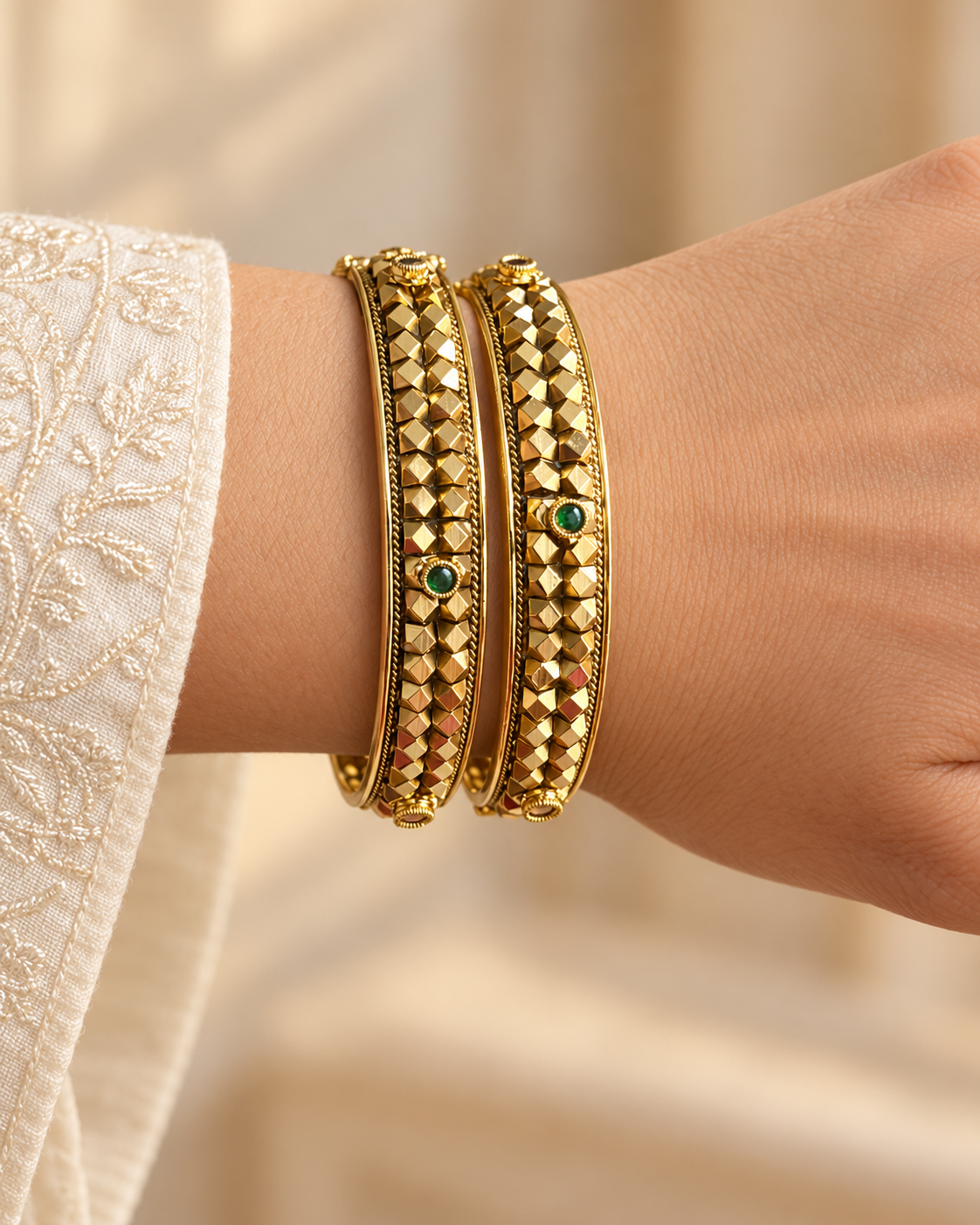 Kundan Diamond Pattern Multicolour Bangle Set — AI-styled wearing view; illustrative scale, compare original photograph