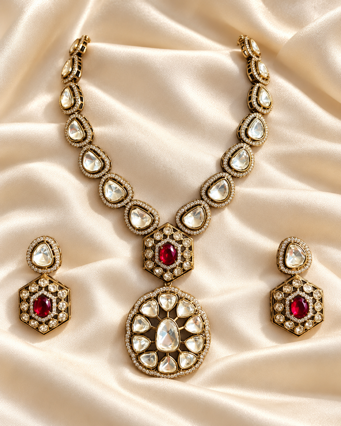 Polki-Style Red Pendant Necklace Set — AI-styled studio view; illustrative scale, compare original photograph