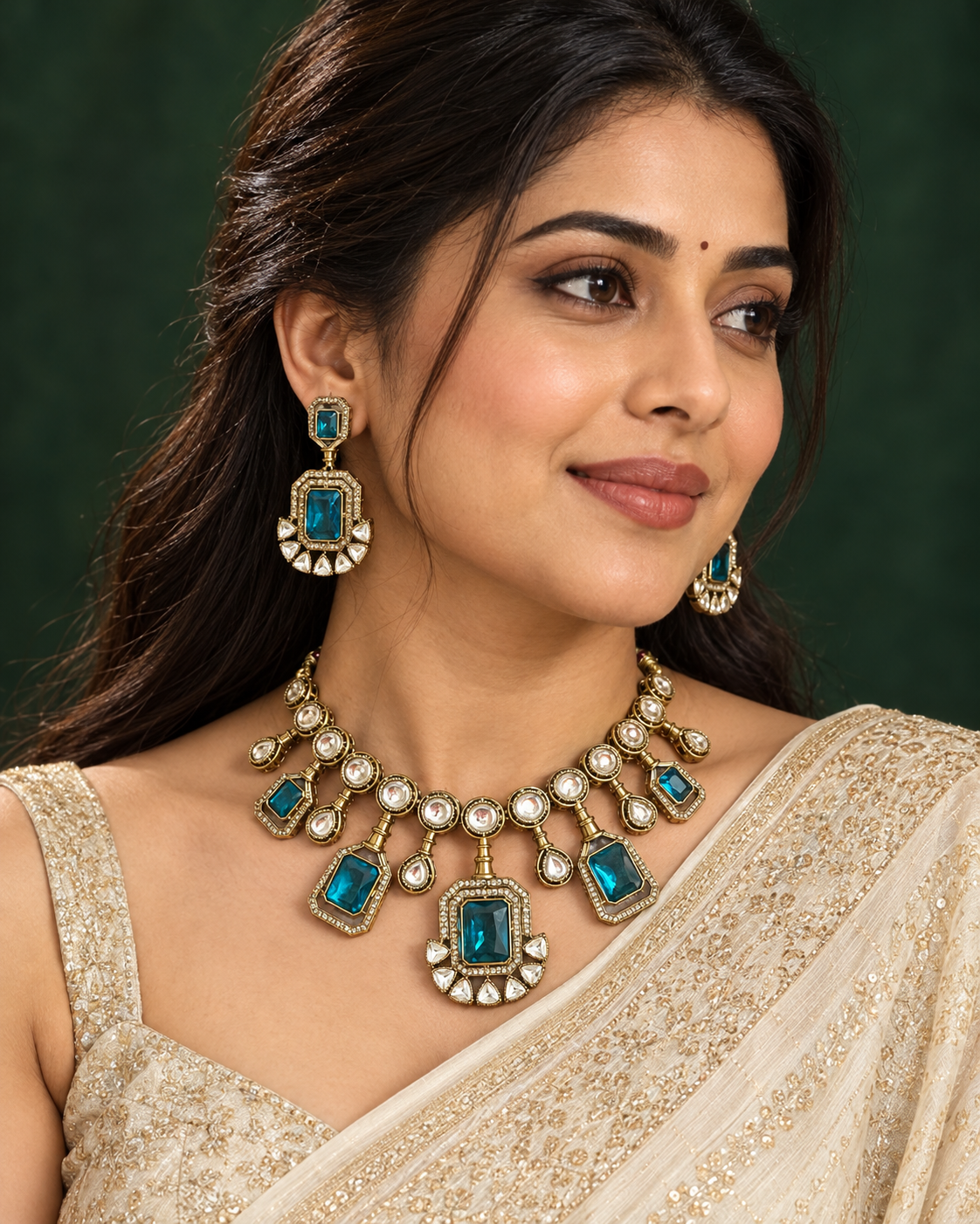 Polki-Style Teal Rectangle Necklace Set — AI-styled wearing view; illustrative scale, compare original photograph