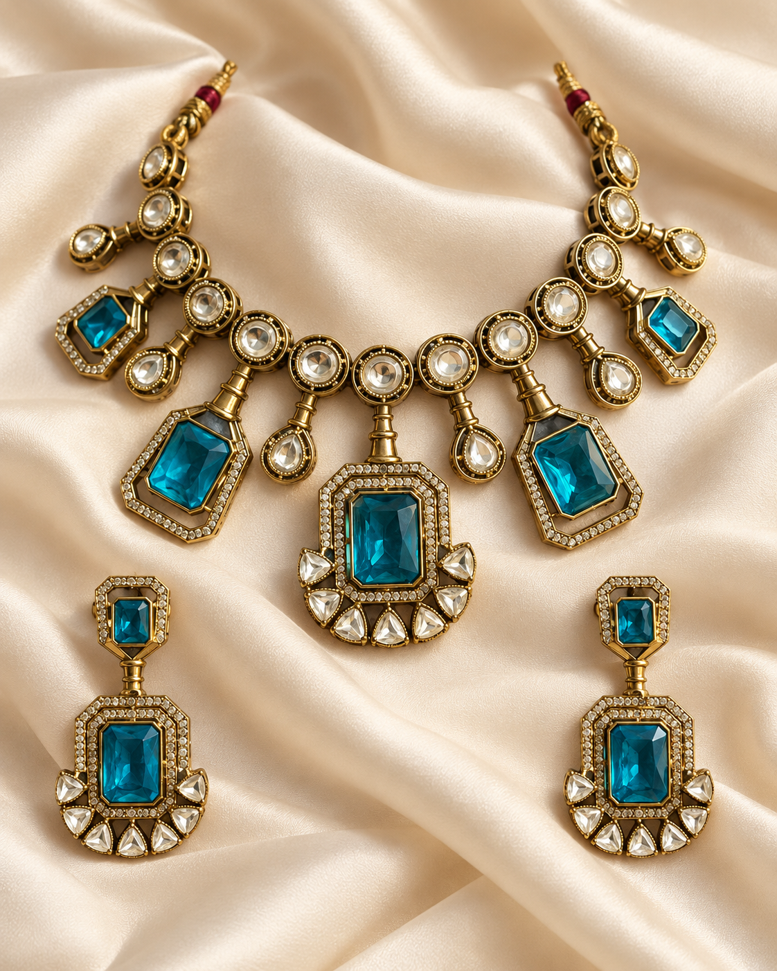 Polki-Style Teal Rectangle Necklace Set — AI-styled studio view; illustrative scale, compare original photograph