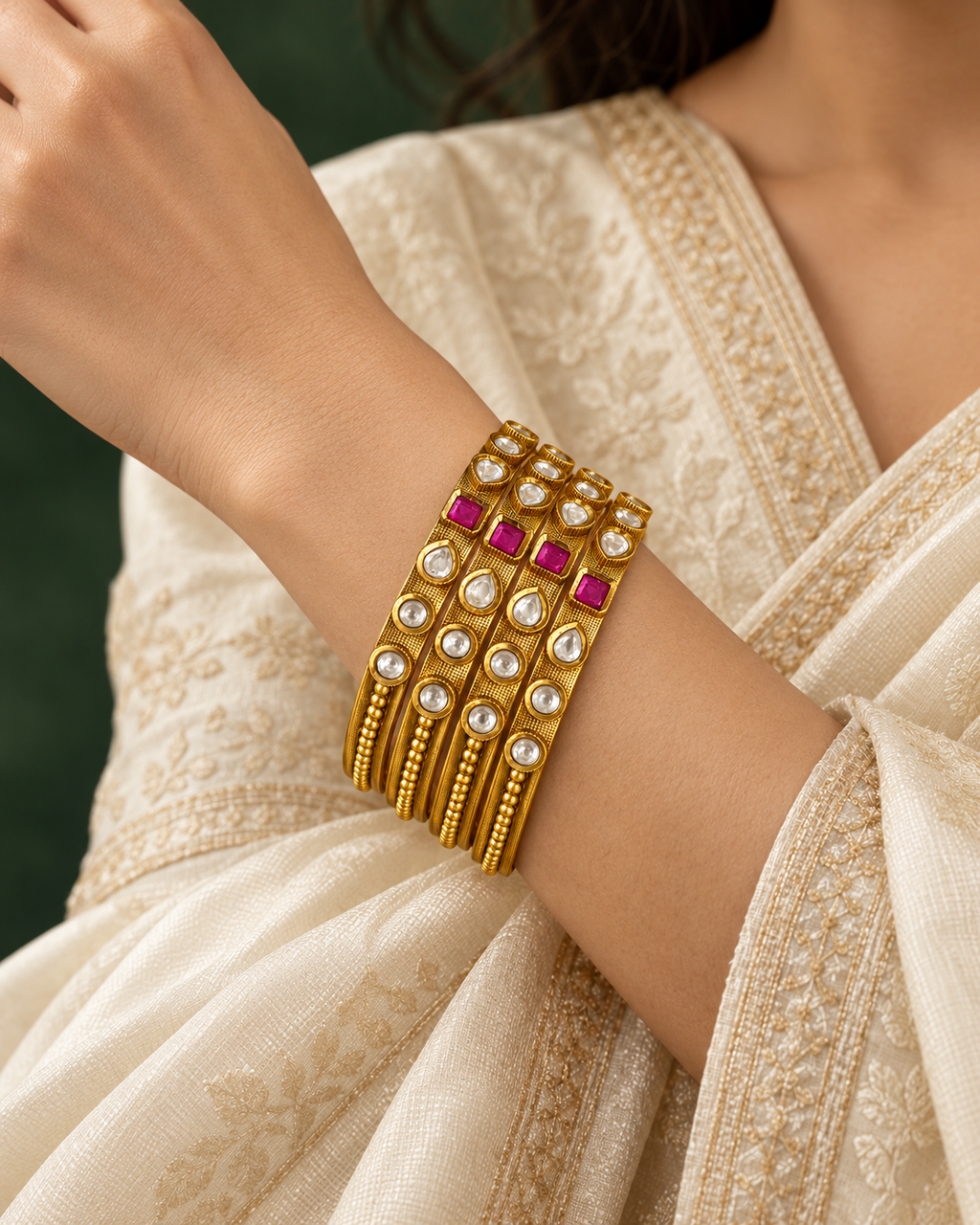 Antique Floral Stone Bangle Set — AI-styled worn model view; illustrative scale, compare original photograph