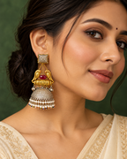 Fusion Peacock Silver-Tone Jhumka Earrings — AI-styled worn model view; illustrative scale, compare original photograph