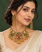 Heritage Green & Red Medallion Choker Set — AI-styled worn model view; illustrative scale, compare original photograph