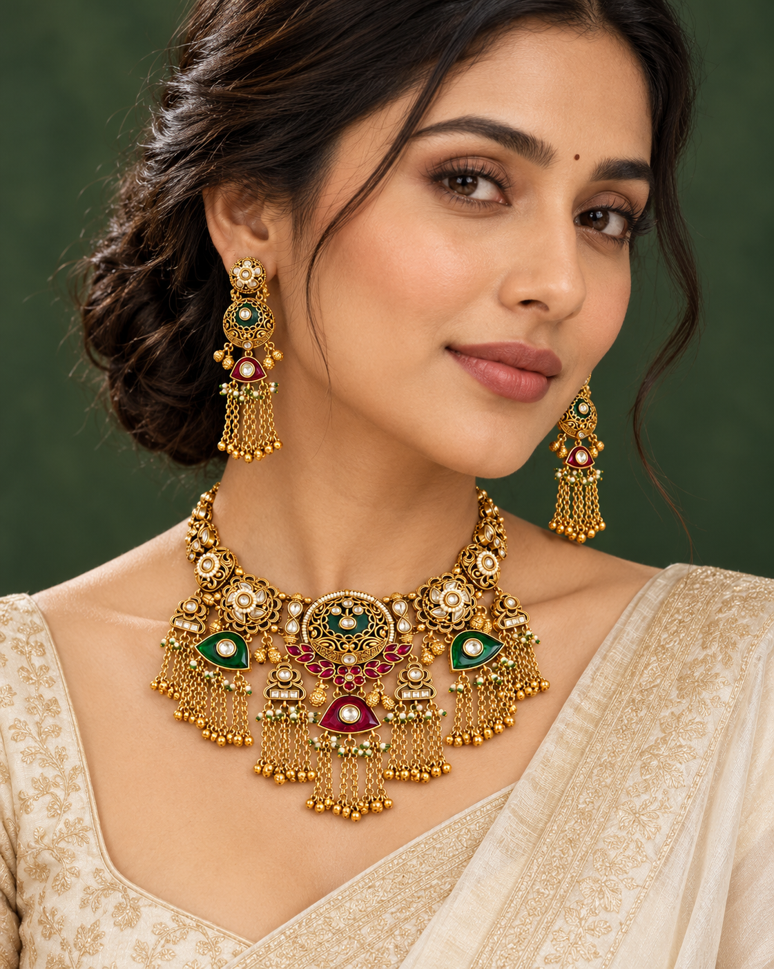 Heritage Green & Red Medallion Choker Set — AI-styled worn model view; illustrative scale, compare original photograph