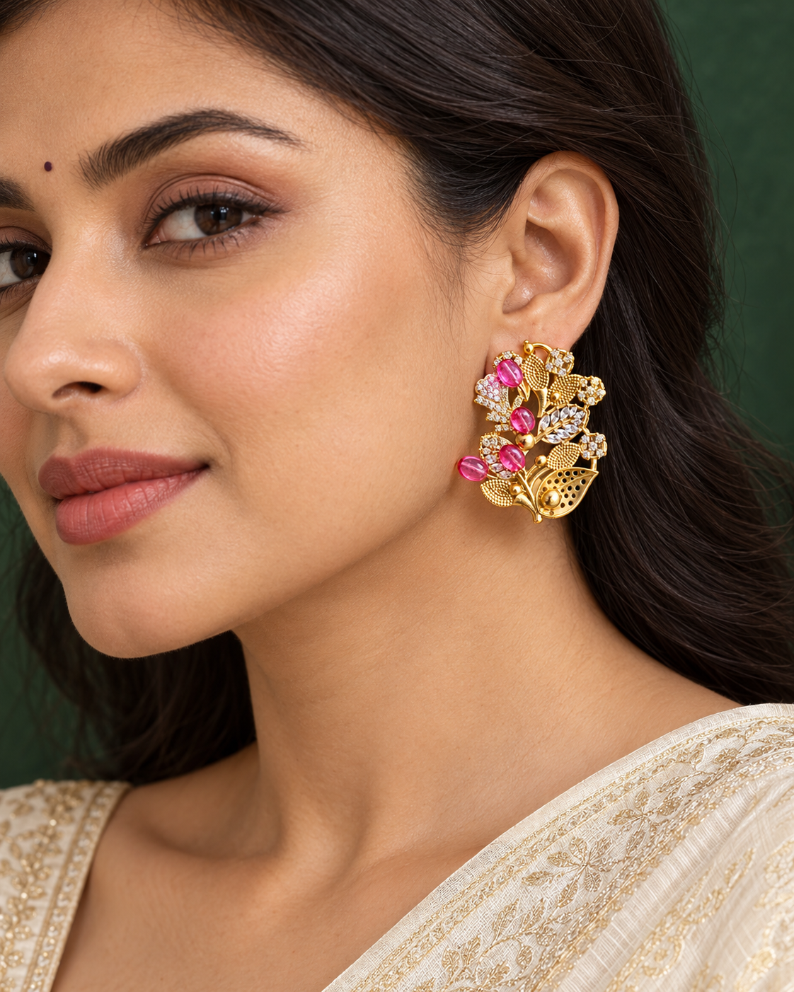 Fusion Floral Vine Stud Earrings — AI-styled worn model view; illustrative scale, compare original photograph