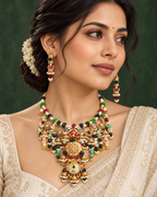 Fusion Multicolour Temple Statement Set — AI-styled worn model view; illustrative scale, compare original photograph